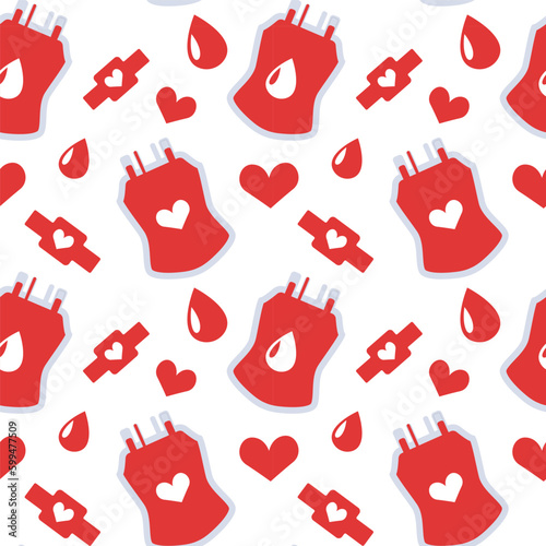 Blood bag, hearts, drops. Hand drawn Vector illustration. Hematology icons. Donate Blood, Health Care Concept. World Blood Donor Day. Trendy Seamless Pattern. Background, Wallpaper