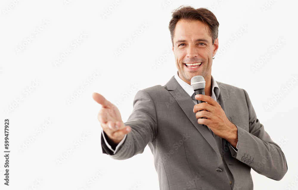Portrait, microphone and a man motivational speaker in studio isolated on a white background for a presentation. Leadership, management and motivation with a business man talking during a seminar Portrait, microphone and a man motivational speaker in studio isolated on a white background for a presentation. Leadership, management and motivation with a business man talking during a seminar