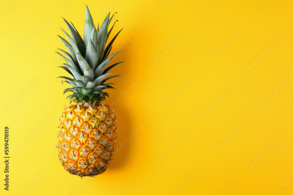Pineapple on yellow background. Top View. Copy Space. Pattern for minimal style. Pop art design, creative concept	