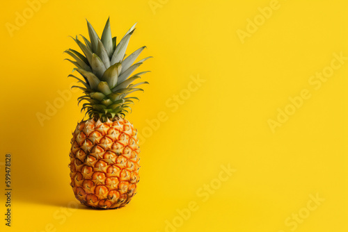 Pineapple on yellow background. Top View. Copy Space. Pattern for minimal style. Pop art design, creative concept 