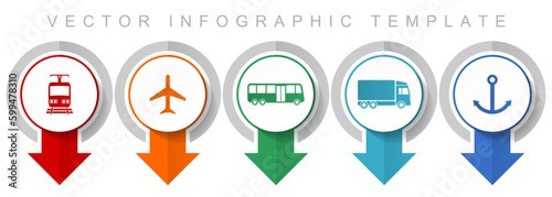 Transport icon set, miscellaneous pointer icons such as train, plane, bus, truck and anchor for webdesign and mobile applications, modern design infographic vector template