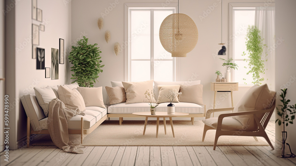 Fototapeta premium A small and inviting living room adorned with a pristine white interior. Photorealistic illustration, Generative AI