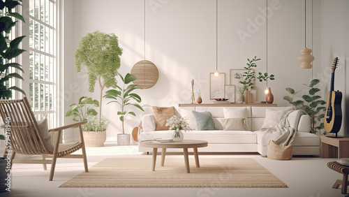 A well-lit living room with a white interior, elegant wooden furniture, and a floor-to-ceiling window that fills the room with natural sunlight. Photorealistic illustration, Generative AI
