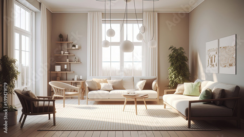 A sunlit living room with a high ceiling boasting large windows that illuminate the space, complemented by wooden furniture. Photorealistic illustration, Generative AI © DIMENSIONS