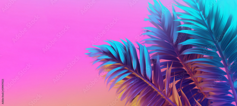 Tropical leaves in neon colors on light pink background. generative AI