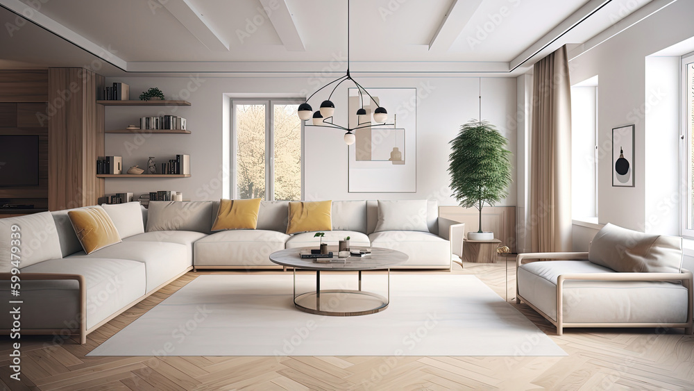 A living room that boasts a white interior adorned with a tasteful wood finish. Photorealistic illustration, Generative AI A living room that boasts a white interior adorned with a tasteful wood finish. Photorealistic illustration, Generative AI