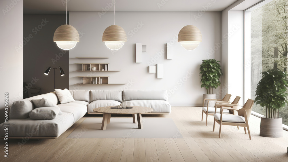 A white minimalistic living room with a floor-to-ceiling window that bathes the space in natural light. Photorealistic illustration, Generative AI