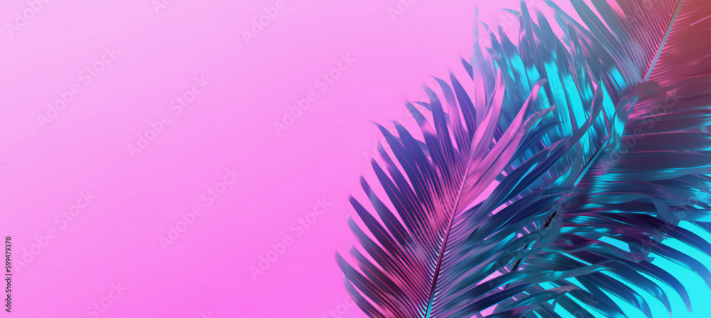Tropical leaves in neon colors on light pink background. generative AI Tropical leaves in neon colors on light pink background. generative AI