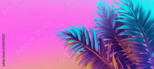 Tropical leaves in neon colors on light pink background. generative AI