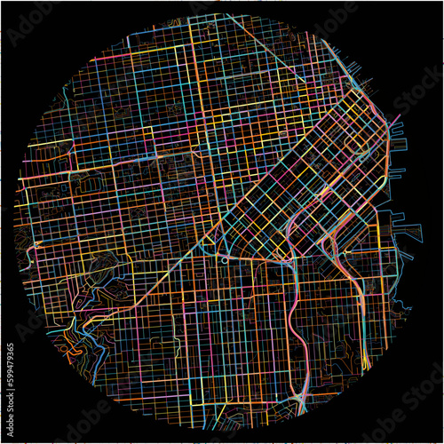 Colorful Map of SanFrancisco, California with all major and minor roads.