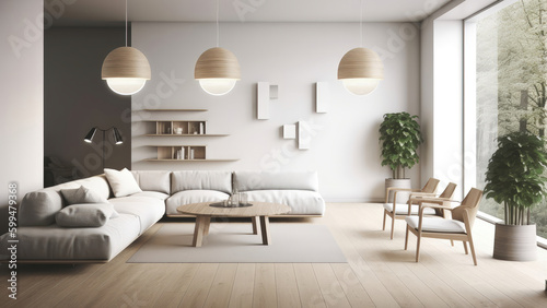 A white minimalistic living room with a floor-to-ceiling window that bathes the space in natural light. Photorealistic illustration, Generative AI © DIMENSIONS