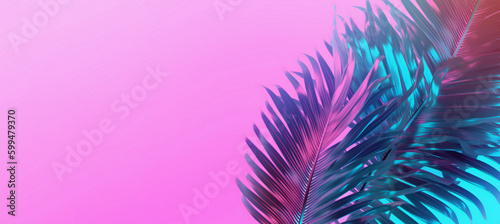 Tropical leaves in neon colors on light pink background. generative AI © EZPS
