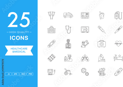 Vector set of Healthcare and Medical icons. The collection comprises 25 vector icons for mobile applications and websites.