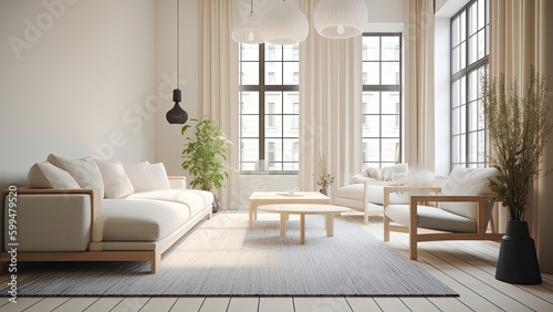 A city apartment living room with a captivating street view, showcasing a minimalist design with its white high-ceilinged interior. Photorealistic illustration, Generative AI © DIMENSIONS