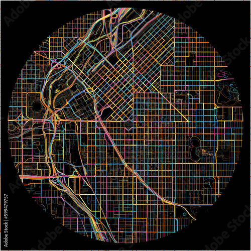 Colorful Map of Denver, Colorado with all major and minor roads.