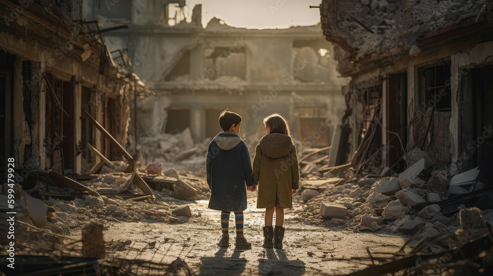 Two little girls in a destroyed building. Selective focus. Kid.