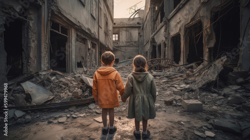 Boy and girl are standing in the ruins of an old house. © Barosanu