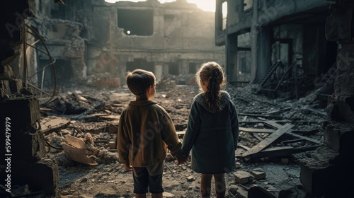 Boy and girl are standing in an abandoned building. They are holding hands.