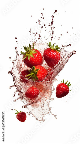 Macro shot of a bunch of ideal fresh strawberry falling down, juicy splashes, isolated on a white background, photorealism, food photography