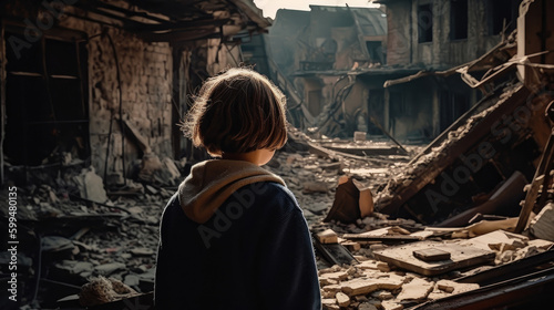 A girl stands in front of a destroyed house. The girl looks at the destroyed building © Barosanu
