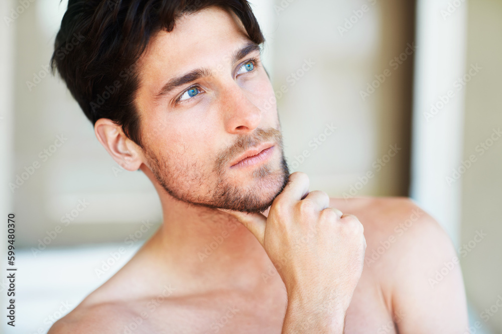 Thinking, skincare and man with cosmetics, decision and grooming routine with thoughts, treatment and beauty. Male person, wellness and guy with wonder, opportunity and self care with dermatology Thinking, skincare and man with cosmetics, decision and grooming routine with thoughts, treatment and beauty. Male person, wellness and guy with wonder, opportunity and self care with dermatology