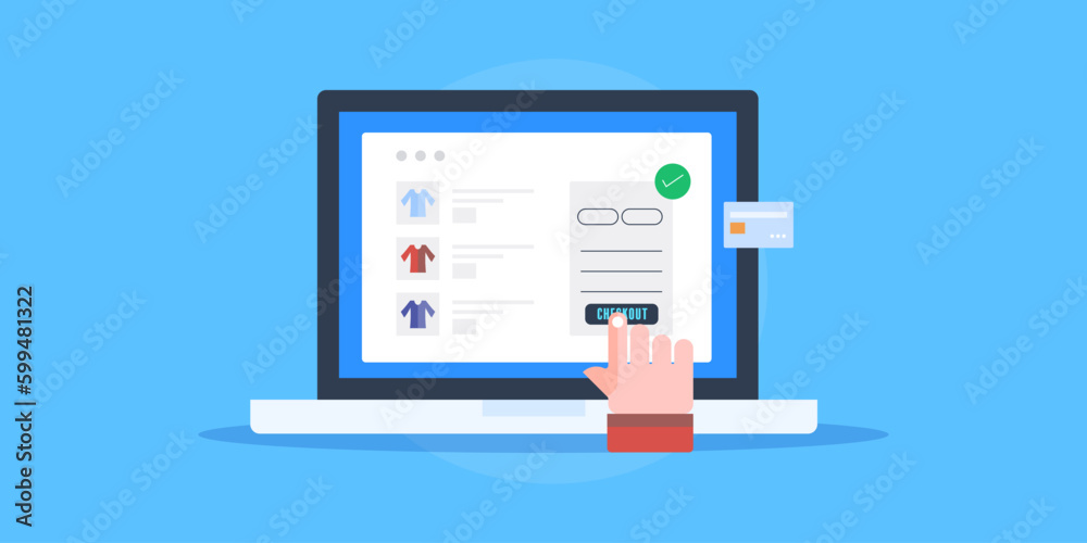 Customer checkout from ecommerce online shopping store, using bank card payment from laptop. Web banner vector illustration. Customer checkout from ecommerce online shopping store, using bank card payment from laptop. Web banner vector illustration.