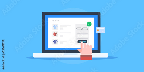 Customer checkout from ecommerce online shopping store, using bank card payment from laptop. Web banner vector illustration.