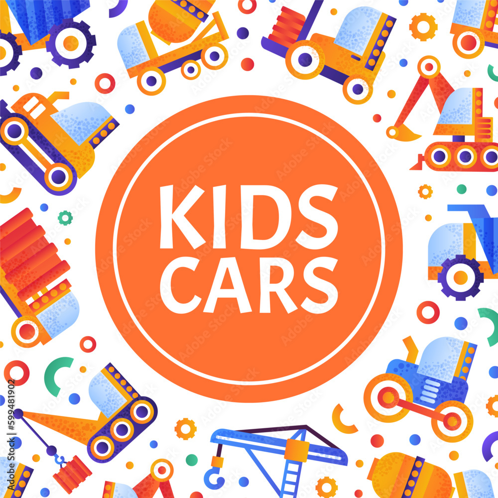 Kids cars banner template. Childish construction machinery vehicles seamless pattern for background, card, poster flat vector