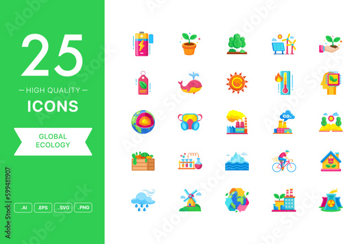 Vector set of Global Ecology icons. The collection comprises 25 vector icons for mobile applications and websites.
