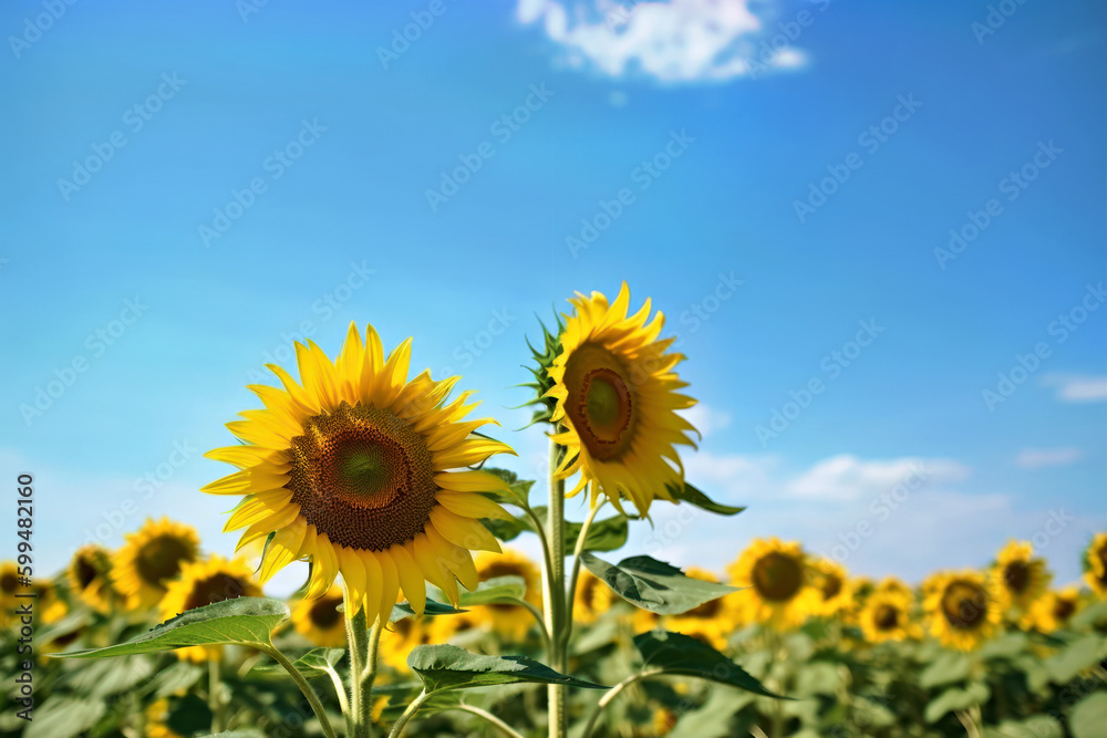 Sunflower field and summer blue sky, Generative AI