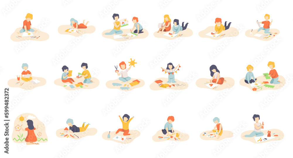 Little Boys and Girls Sitting on Floor Painting, Cutting with Scissors, Drawing with Pencils, Modelling from Plasticine Vector Set