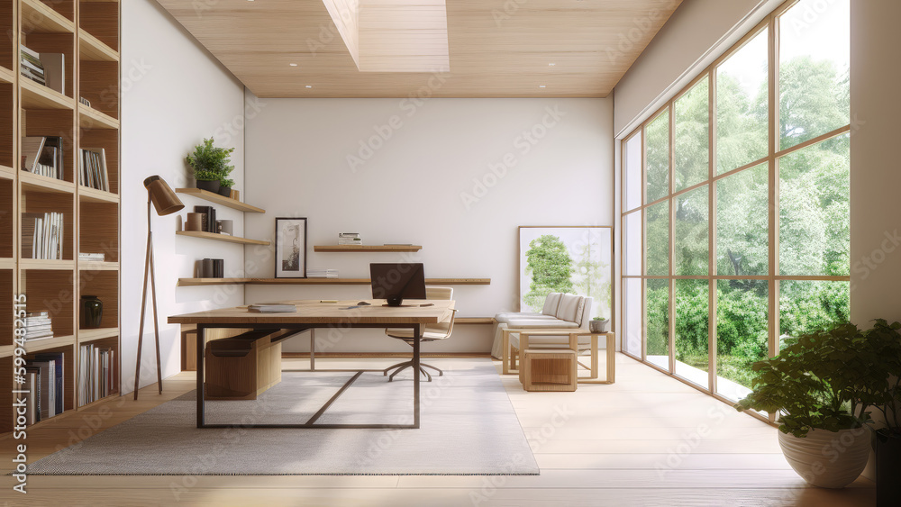 Fototapeta premium A bright home office with captivating view of the lush summer forest through the floor-to-ceiling windows that floods the natural light into the room. Photorealistic illustration, Generative AI