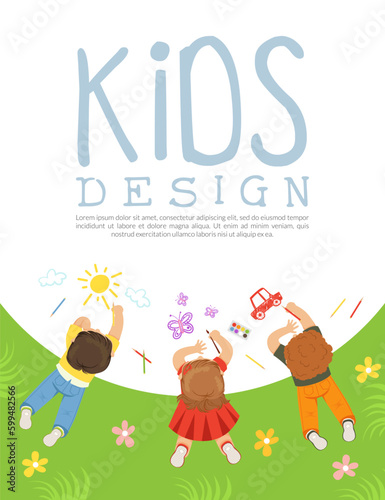 Kids Lying and Drawing Picture on White Paper Vector Banner Template