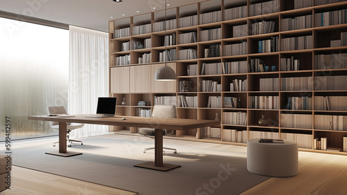 A home office providing a sense of openness with its generous space and high ceiling. Photorealistic illustration, Generative AI