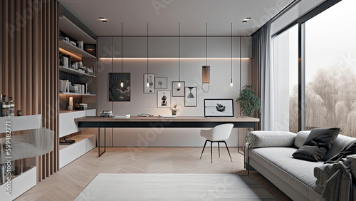 A cozy home office with a comfortable sofa, built-in bookshelves, and floor-to-ceiling window that bathes the room in natural sunlight. Photorealistic illustration, Generative AI