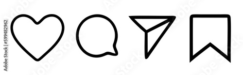 Set of Generic social media user interface icons. Like, comment, Share, Love, and save icons. flat style line icon set. In EPS 10, PNG & jpg file format.