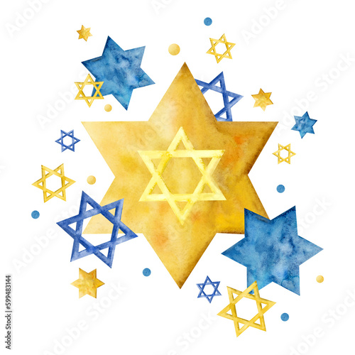 Watercolor yellow blue stars of David compostion. Hand drawn Jewish illustration for Hanukkah, Purim and other holidays. For Proud to be Jew or Support Uktaine designs photo