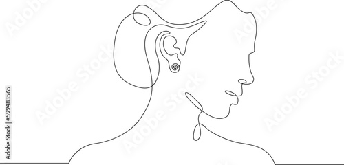 One continuous line. Female portrait. Profile of a young woman. Earrings in the ears. Valuable jewellery. Bijouterie. One continuous line drawn isolated, white background.