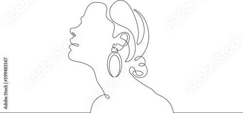 One continuous line. Female portrait. Profile of a young woman. Earrings in the ears. Valuable jewellery. Bijouterie. One continuous line drawn isolated, white background.