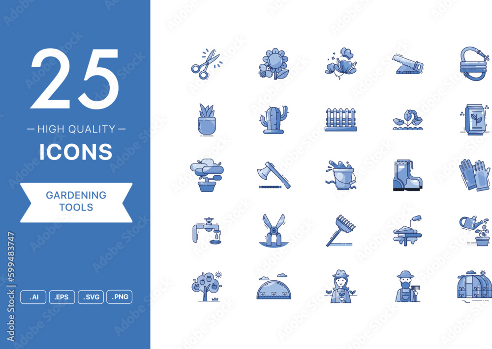 Obraz premium Vector set of Gardening Tools icons. The collection comprises 25 vector icons for mobile applications and websites.