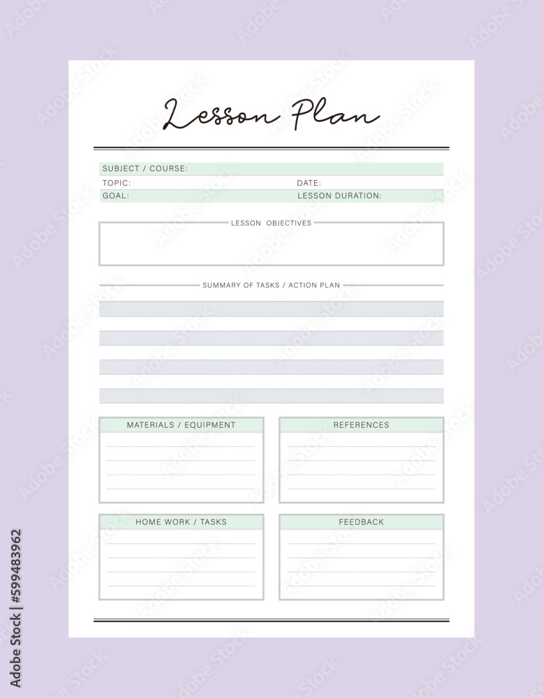 Lesson Plan. Minimalist planner template set. Vector illustration. Lesson Plan. Minimalist planner template set. Vector illustration.