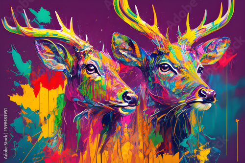 2 deer made out of colorful paint splatter