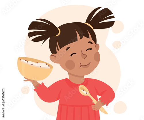 Cute little girl eating porridge. Happy kid having breakfast cartoon vector illustration