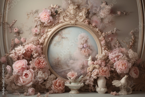 Decorative pink bloom flowers and mirror frame in Rococo style. Copy space and luxurious style. Generative AI