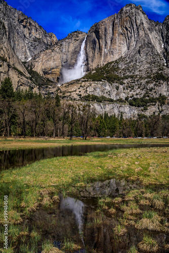 Yosemite Falls and a reflection in the spring  Yosemite National Park California