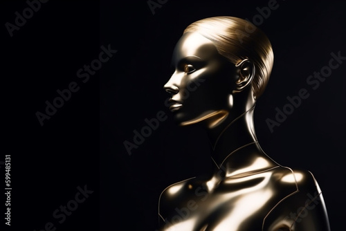 Gold metal abstract and futuristic woman mannequin portrait in black background. Generative AI © Rytis