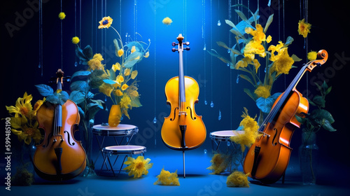 Country music festival poster with acoustic guitar and flowers. Generative AI