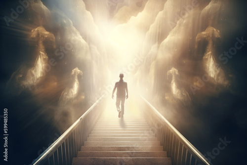 Stairs to heaven and human soul going to heaven visualization. Stairs going up to the cloudy sky. Bright light visible in clouds representing heaven. Generative AI