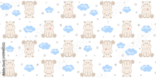 Sitting hippos, blue clouds and small gray stars on a white background. Endless texture with cute tiny behemoths. Vector seamless pattern for wrapping paper, giftwrap, surface texture, cover and print