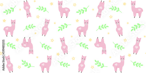 Cute pink alpacas with a heart on fur, green twigs and small stars on a white background. Endless texture with curly adorable animal. Vector seamless pattern for wrapping paper, surface texture, print